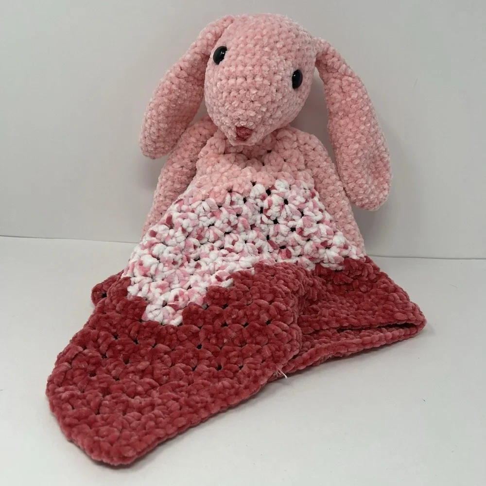 Handmade Crochet Bunny Lovey 20in Pink Security Blanket Plush Soft Toy